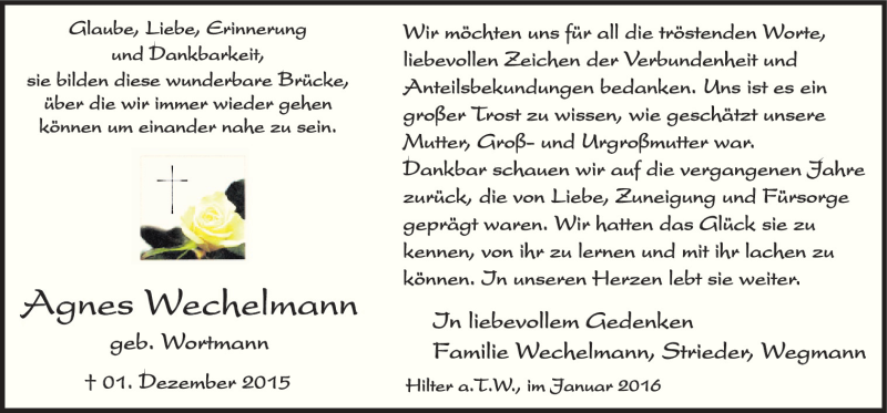  Traueranzeige für Agnes Wechselmann vom 16.01.2016 aus Neue Osnabrücker Zeitung GmbH & Co. KG