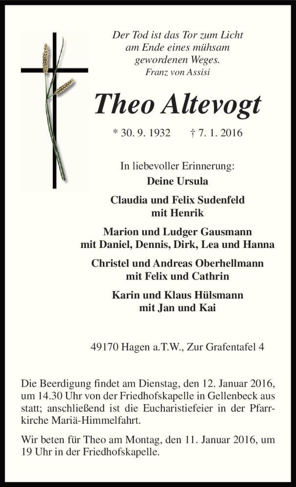  Traueranzeige für Theo Altevogt vom 09.01.2016 aus Neue Osnabrücker Zeitung GmbH & Co. KG