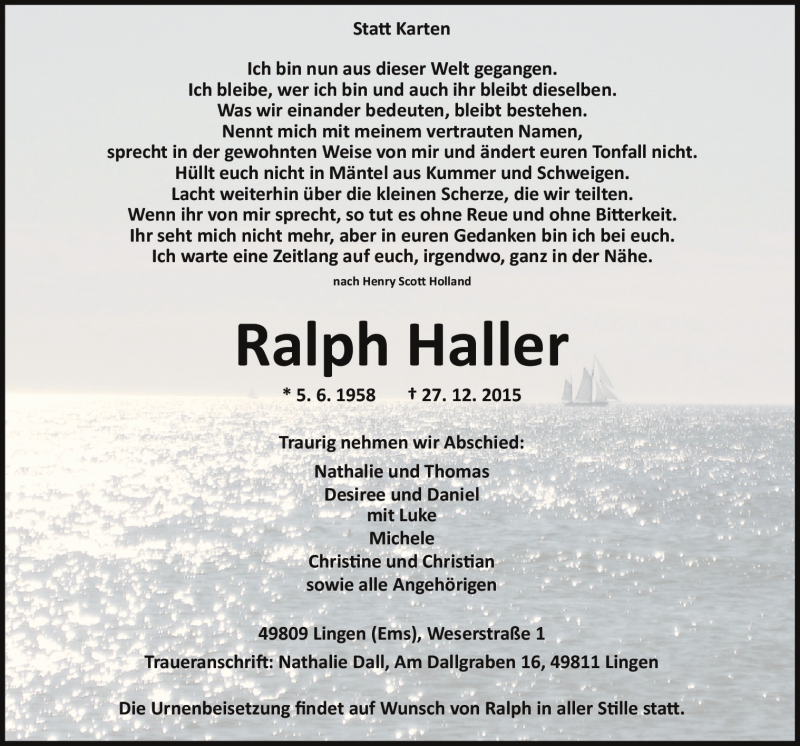  Traueranzeige für Ralph Haller vom 09.01.2016 aus Neue Osnabrücker Zeitung GmbH & Co. KG