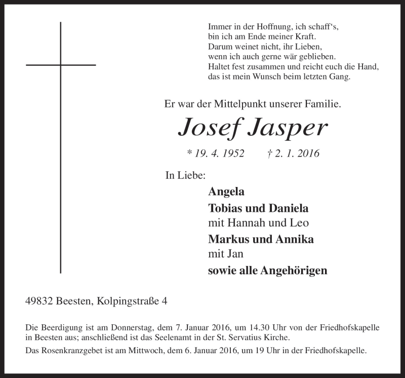  Traueranzeige für Josef Jasper vom 04.01.2016 aus Neue Osnabrücker Zeitung GmbH & Co. KG