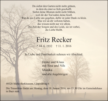 Traueranzeige von Fritz Recker von Neue Osnabrücker Zeitung GmbH & Co. KG