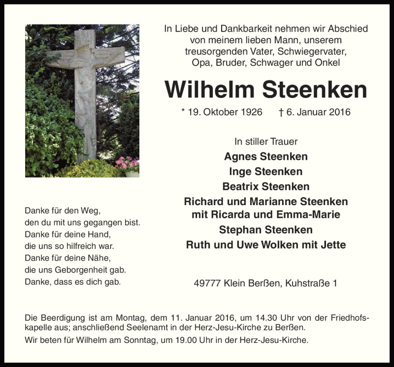  Traueranzeige für Agnes Steenken vom 08.01.2016 aus Neue Osnabrücker Zeitung GmbH & Co. KG