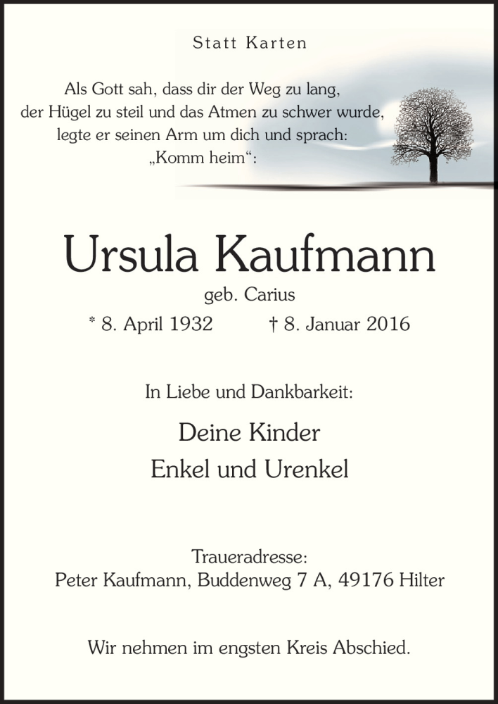  Traueranzeige für Ursula Kaufmann vom 12.01.2016 aus Neue Osnabrücker Zeitung GmbH & Co. KG