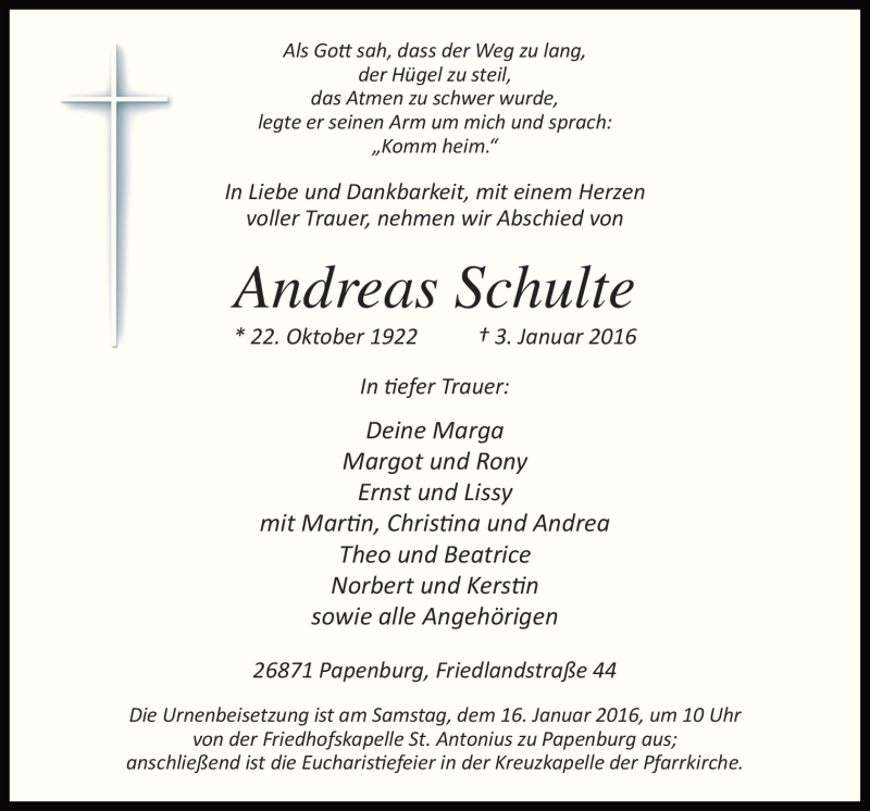  Traueranzeige für Andreas Schulte vom 06.01.2016 aus Neue Osnabrücker Zeitung GmbH & Co. KG