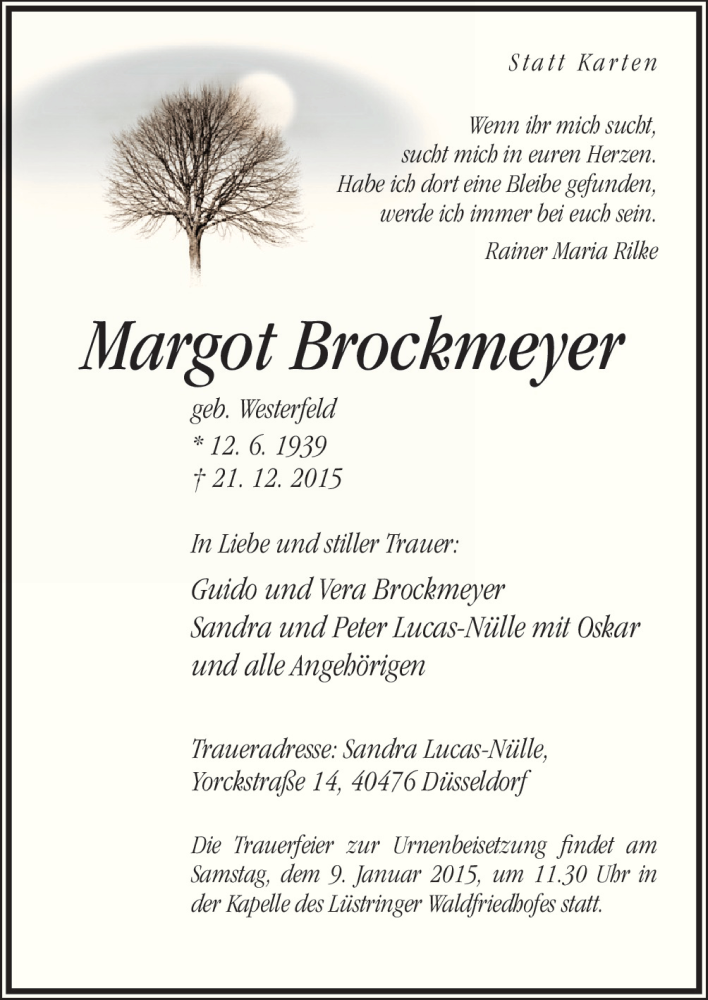  Traueranzeige für Margot Brockmeyer vom 02.01.2016 aus Neue Osnabrücker Zeitung GmbH & Co. KG