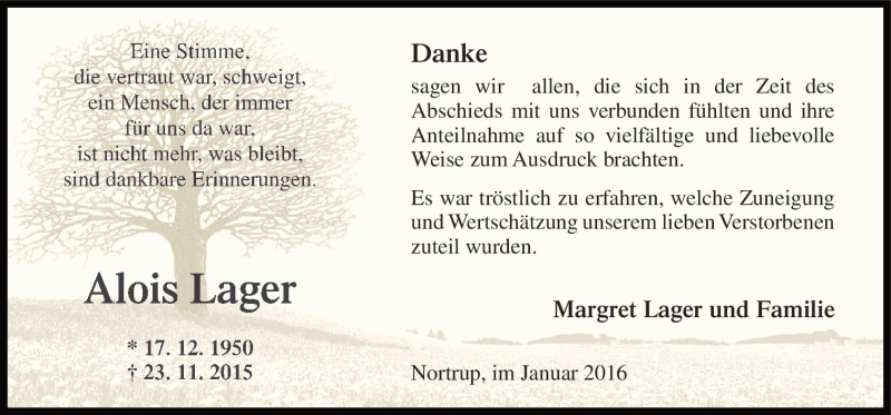  Traueranzeige für Alois Lager vom 02.01.2016 aus Neue Osnabrücker Zeitung GmbH & Co. KG