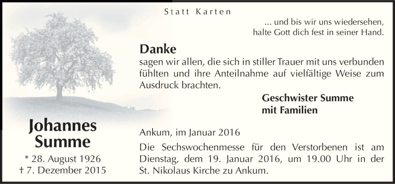  Traueranzeige für Johannes Summe vom 15.01.2016 aus Neue Osnabrücker Zeitung GmbH & Co. KG