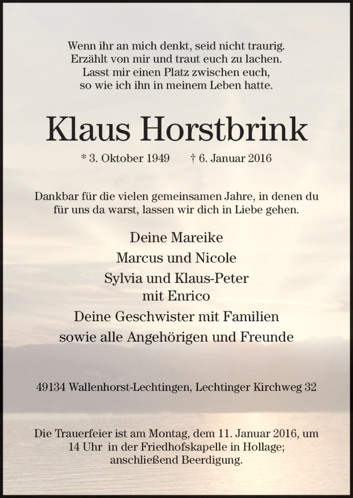  Traueranzeige für Klaus Hostbrink vom 09.01.2016 aus Neue Osnabrücker Zeitung GmbH & Co. KG