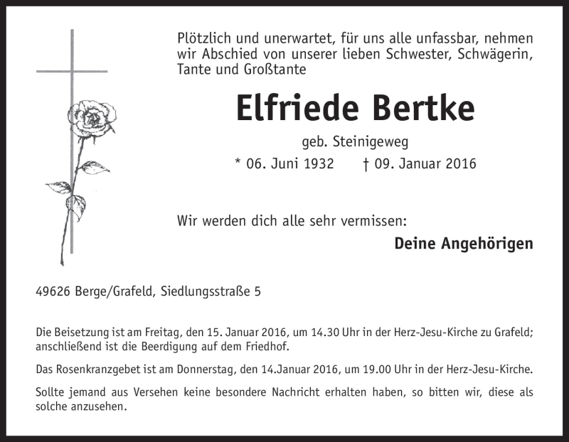  Traueranzeige für Elfriede Bertke vom 11.01.2016 aus Neue Osnabrücker Zeitung GmbH & Co. KG