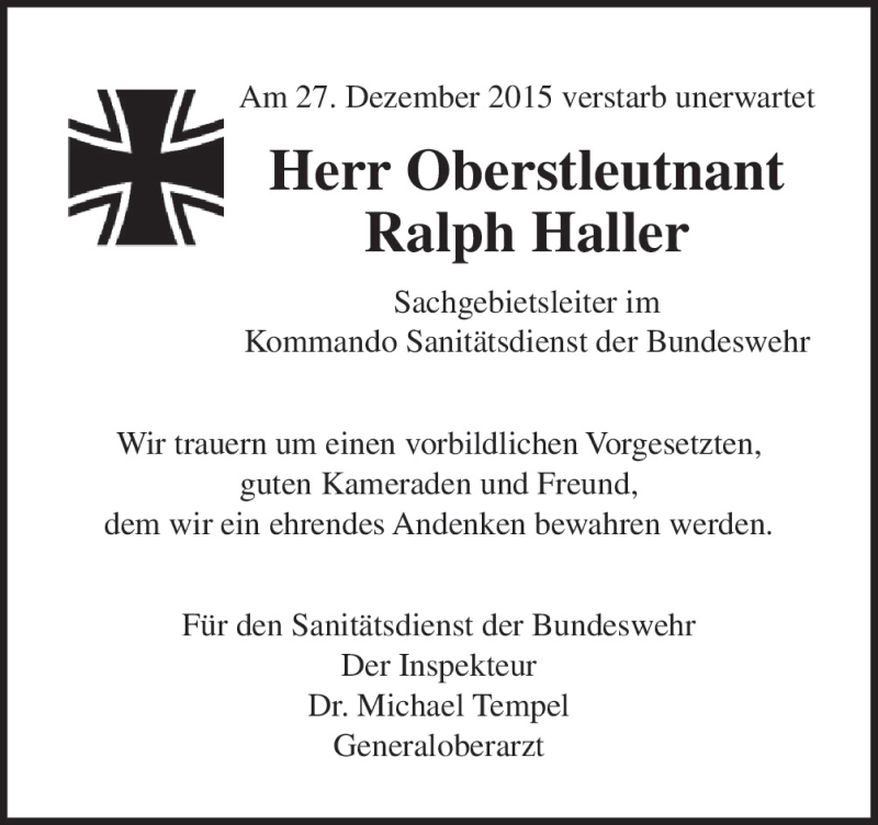  Traueranzeige für Ralph Haller vom 13.01.2016 aus Neue Osnabrücker Zeitung GmbH & Co. KG