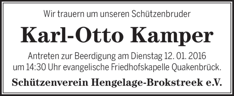  Traueranzeige für Karl-Otto Kamper vom 11.01.2016 aus Neue Osnabrücker Zeitung GmbH & Co. KG