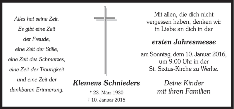  Traueranzeige für Klemens Schnieders vom 06.01.2016 aus Neue Osnabrücker Zeitung GmbH & Co. KG