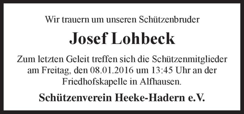  Traueranzeige für Josef Lohbeck vom 07.01.2016 aus Neue Osnabrücker Zeitung GmbH & Co. KG