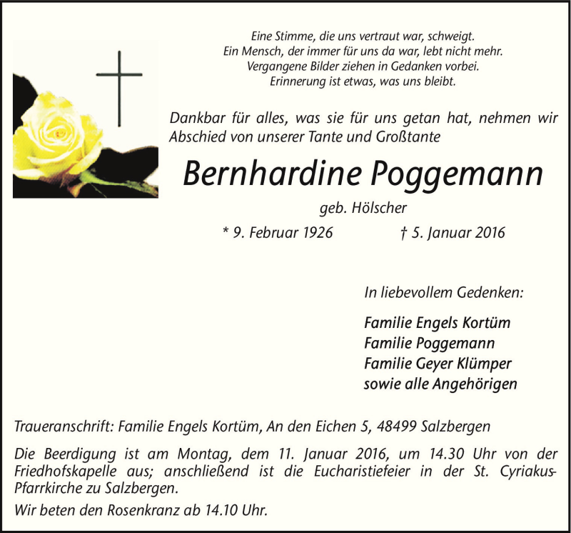  Traueranzeige für Bernhardine Poggemann vom 08.01.2016 aus Neue Osnabrücker Zeitung GmbH & Co. KG