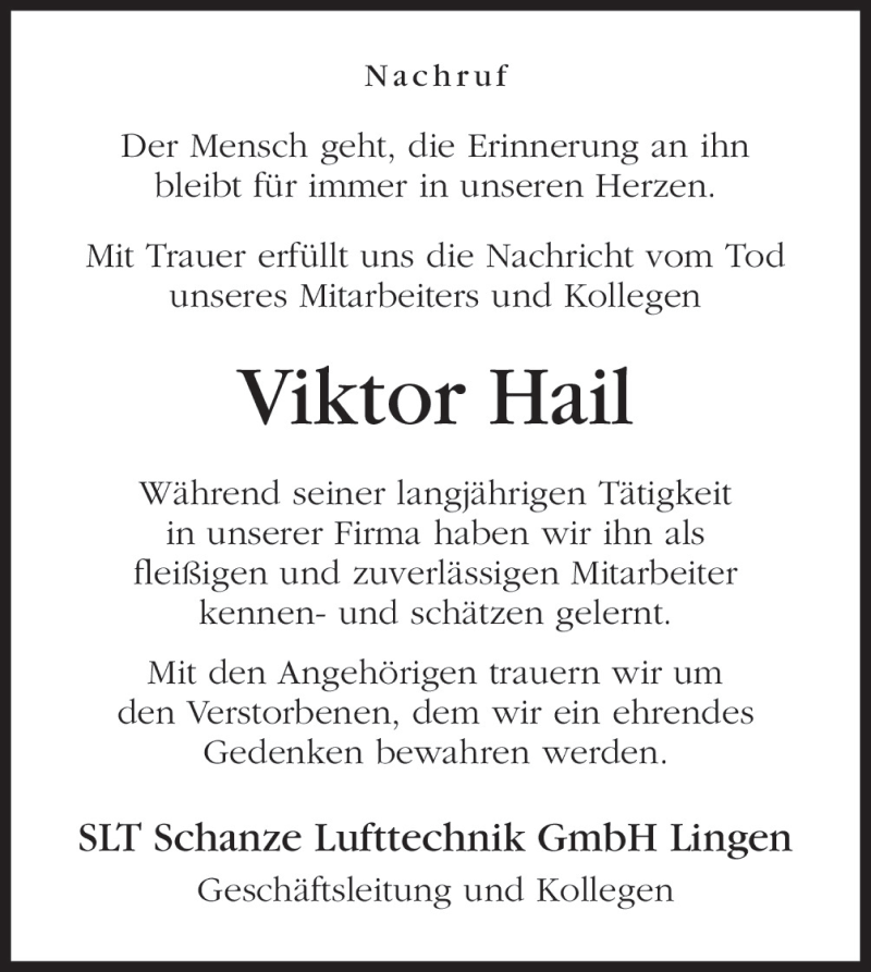  Traueranzeige für Viktor Hail vom 12.01.2016 aus Neue Osnabrücker Zeitung GmbH & Co. KG