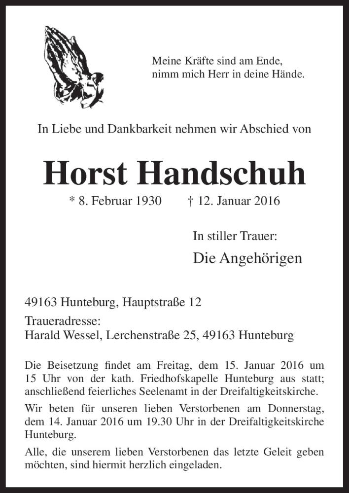  Traueranzeige für Horst Handschuh vom 13.01.2016 aus Neue Osnabrücker Zeitung GmbH & Co. KG
