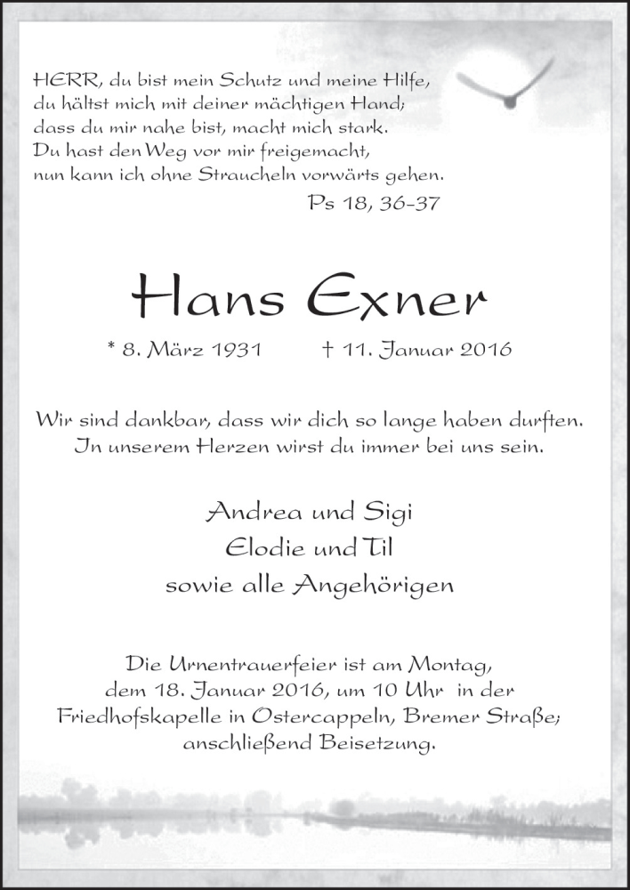  Traueranzeige für Hans Exner vom 13.01.2016 aus Neue Osnabrücker Zeitung GmbH & Co. KG