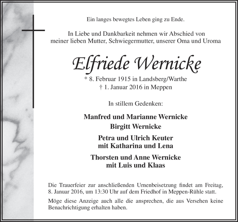  Traueranzeige für Elfriede Wernicke vom 05.01.2016 aus Neue Osnabrücker Zeitung GmbH & Co. KG