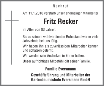Traueranzeige von Fritz Recker von Neue Osnabrücker Zeitung GmbH & Co. KG