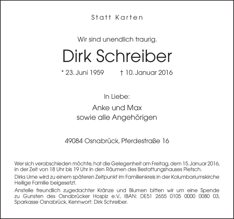  Traueranzeige für Dirk Schreiber vom 12.01.2016 aus Neue Osnabrücker Zeitung GmbH & Co. KG