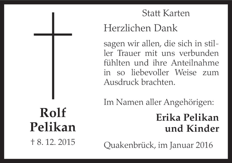  Traueranzeige für Rolf Pelikan vom 16.01.2016 aus Neue Osnabrücker Zeitung GmbH & Co. KG