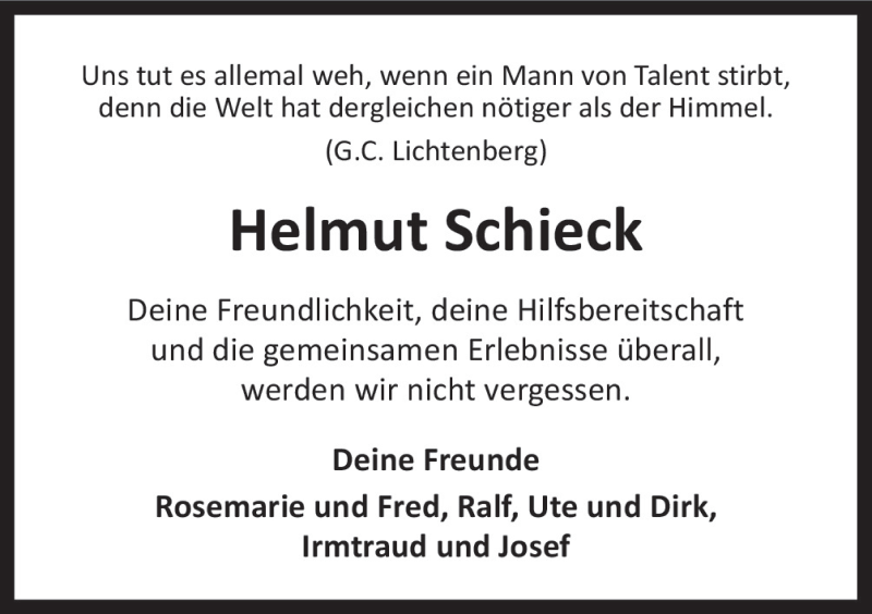  Traueranzeige für Helmut Schieck vom 05.01.2016 aus Neue Osnabrücker Zeitung GmbH & Co. KG