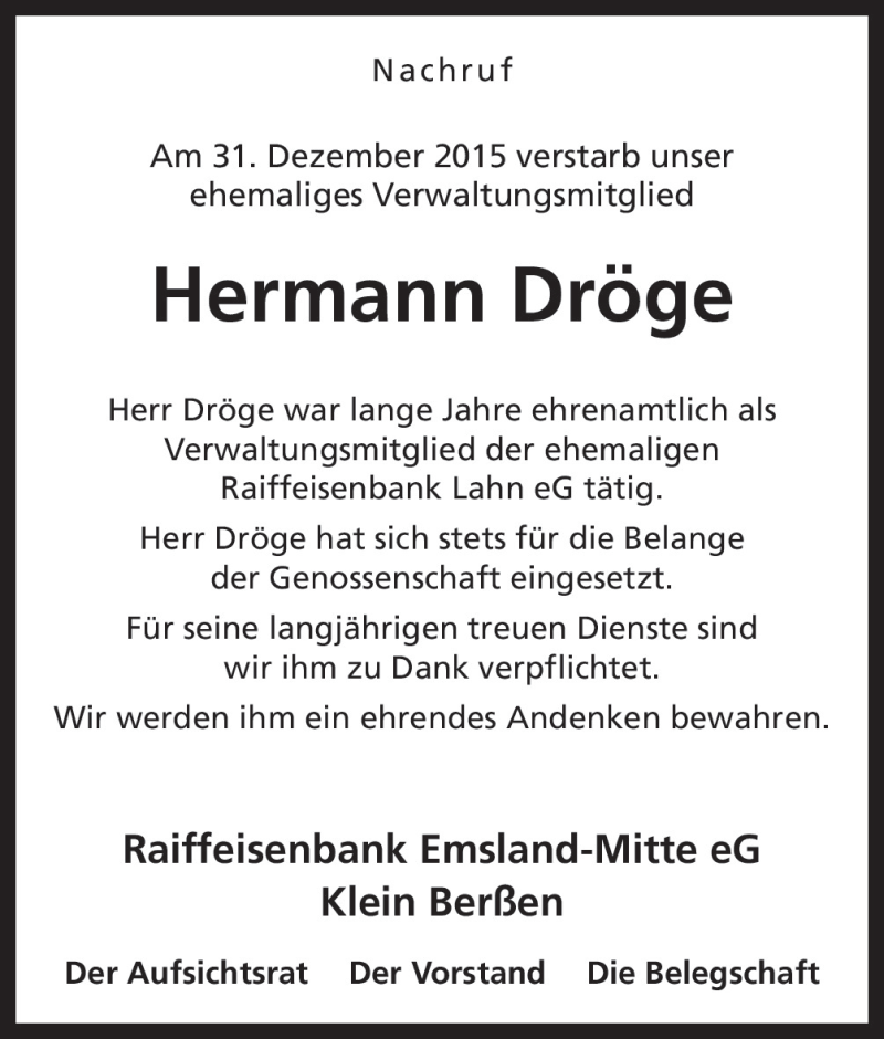  Traueranzeige für Hermann Dröge vom 06.01.2016 aus Neue Osnabrücker Zeitung GmbH & Co. KG