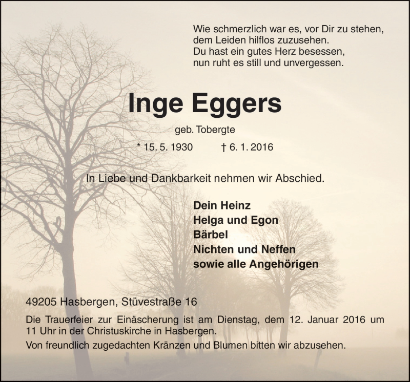 Traueranzeige für Inge Eggers vom 09.01.2016 aus Neue Osnabrücker Zeitung GmbH & Co. KG