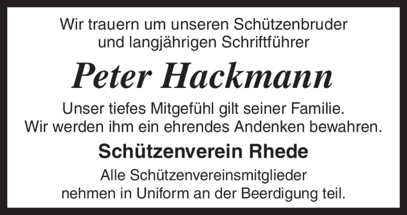  Traueranzeige für Peter Hackmann vom 07.01.2016 aus Neue Osnabrücker Zeitung GmbH & Co. KG