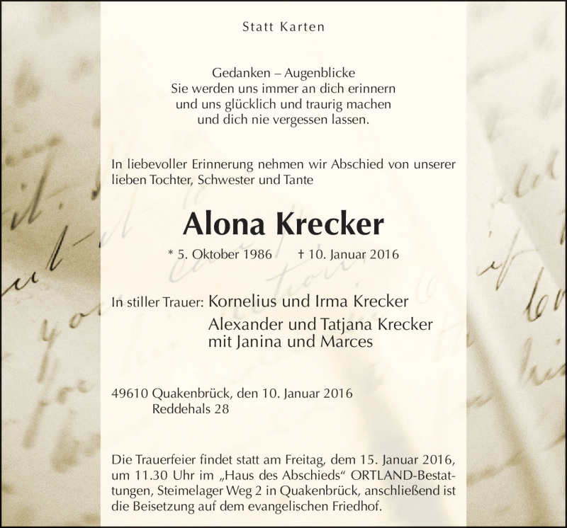  Traueranzeige für Alona Krecker vom 13.01.2016 aus Neue Osnabrücker Zeitung GmbH & Co. KG