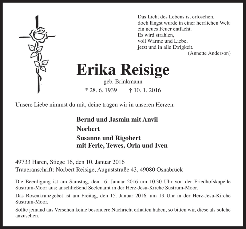  Traueranzeige für Erika Reisige vom 13.01.2016 aus Neue Osnabrücker Zeitung GmbH & Co. KG