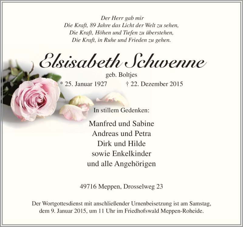  Traueranzeige für Elisabeth Schwenne vom 02.01.2016 aus Neue Osnabrücker Zeitung GmbH & Co. KG