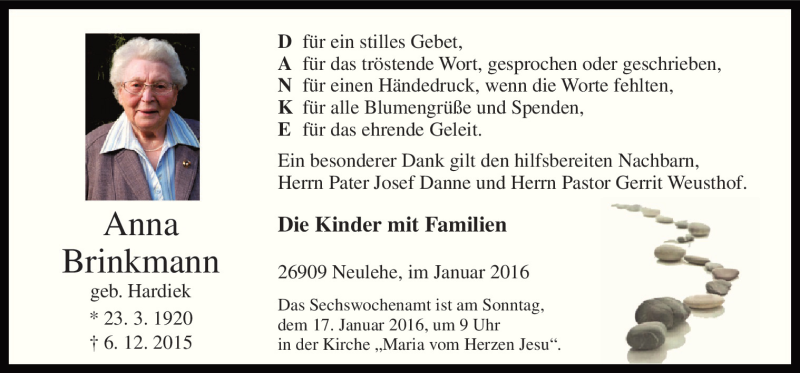  Traueranzeige für Anna Brinkmann vom 13.01.2016 aus Neue Osnabrücker Zeitung GmbH & Co. KG