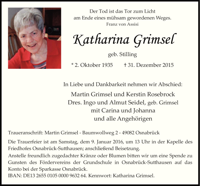  Traueranzeige für Katharina Grimsel vom 05.01.2016 aus Neue Osnabrücker Zeitung GmbH & Co. KG