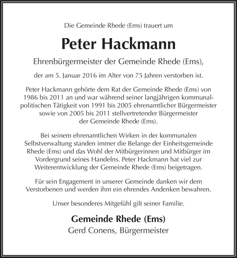  Traueranzeige für Peter Hackmann vom 08.01.2016 aus Neue Osnabrücker Zeitung GmbH & Co. KG
