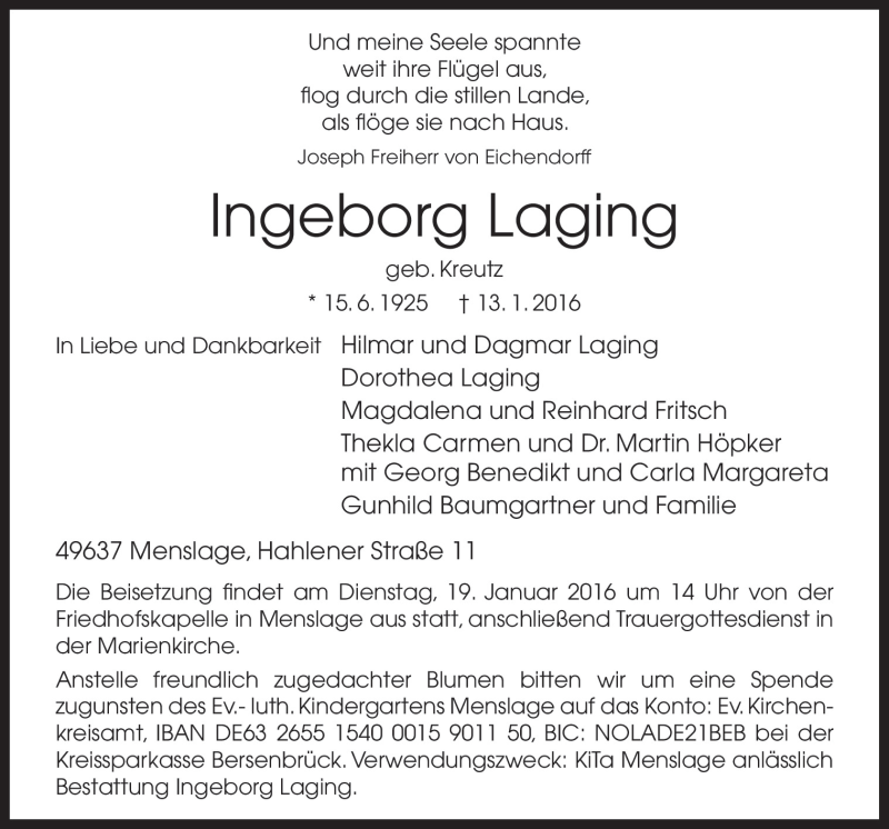  Traueranzeige für Ingeborg Laging vom 16.01.2016 aus Neue Osnabrücker Zeitung GmbH & Co. KG