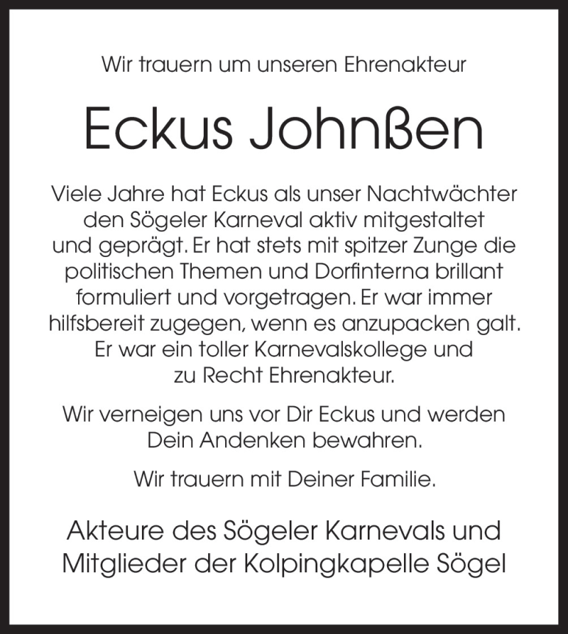  Traueranzeige für Eckus Johnßen vom 06.01.2016 aus Neue Osnabrücker Zeitung GmbH & Co. KG