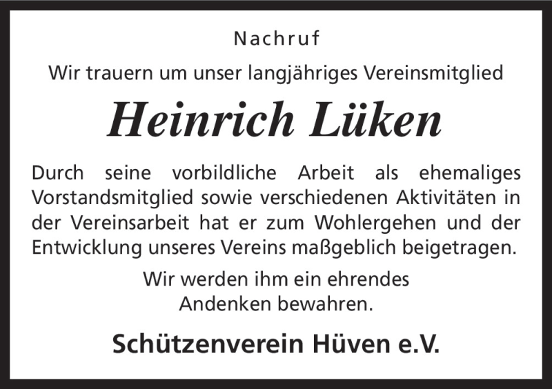  Traueranzeige für Heinrich Lüken vom 19.01.2016 aus Neue Osnabrücker Zeitung GmbH & Co. KG
