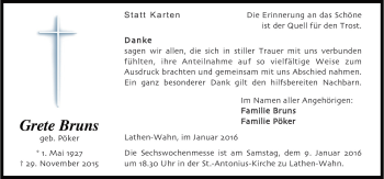 Traueranzeige von Grete Bruns von Neue Osnabrücker Zeitung GmbH & Co. KG