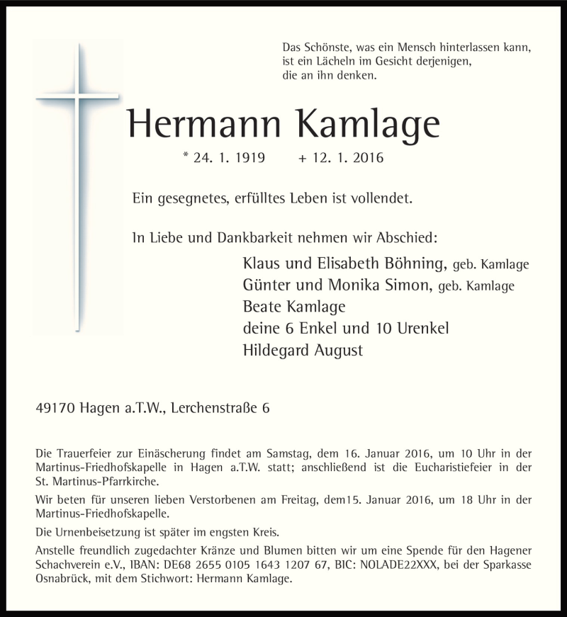  Traueranzeige für Hermann Kamlage vom 13.01.2016 aus Neue Osnabrücker Zeitung GmbH & Co. KG