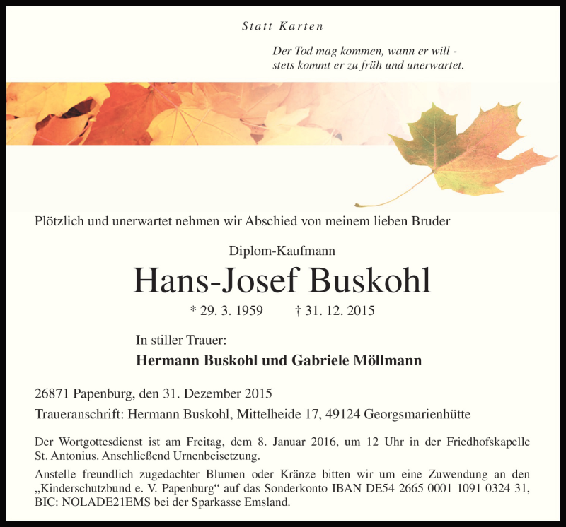  Traueranzeige für Hans-Josef Buskohl vom 06.01.2016 aus Neue Osnabrücker Zeitung GmbH & Co. KG