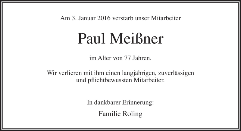  Traueranzeige für Paul Meißner vom 07.01.2016 aus Neue Osnabrücker Zeitung GmbH & Co. KG