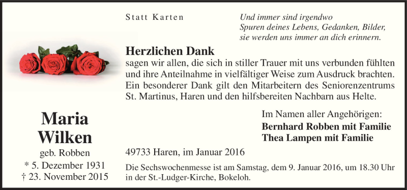  Traueranzeige für Maria Wilken vom 06.01.2016 aus Neue Osnabrücker Zeitung GmbH & Co. KG