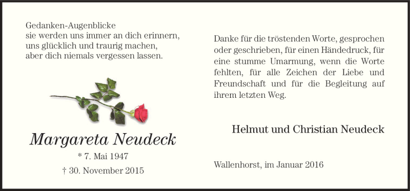  Traueranzeige für Margareta Neudeck vom 16.01.2016 aus Neue Osnabrücker Zeitung GmbH & Co. KG