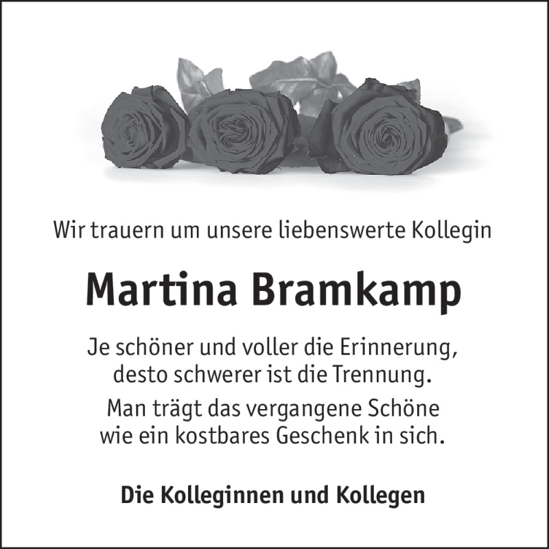  Traueranzeige für Martina Bramkamp vom 06.01.2016 aus Neue Osnabrücker Zeitung GmbH & Co. KG