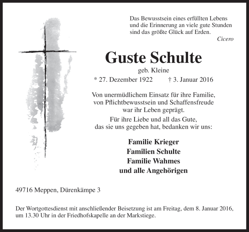  Traueranzeige für Guste Schulte vom 06.01.2016 aus Neue Osnabrücker Zeitung GmbH & Co. KG