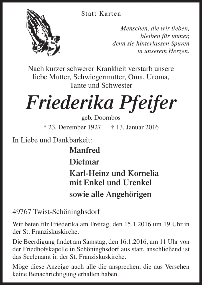  Traueranzeige für Friederika Pfeifer vom 15.01.2016 aus Neue Osnabrücker Zeitung GmbH & Co. KG