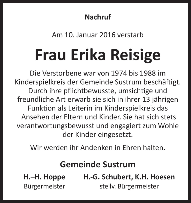  Traueranzeige für Erika Reisige vom 16.01.2016 aus Neue Osnabrücker Zeitung GmbH & Co. KG