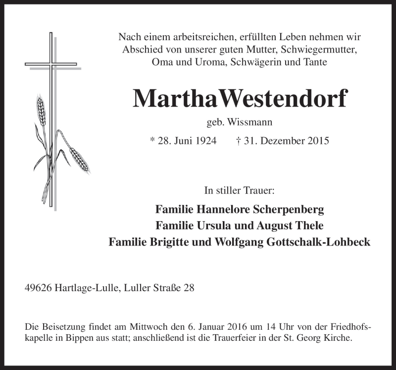  Traueranzeige für Martha Westendorf vom 04.01.2016 aus Neue Osnabrücker Zeitung GmbH & Co. KG