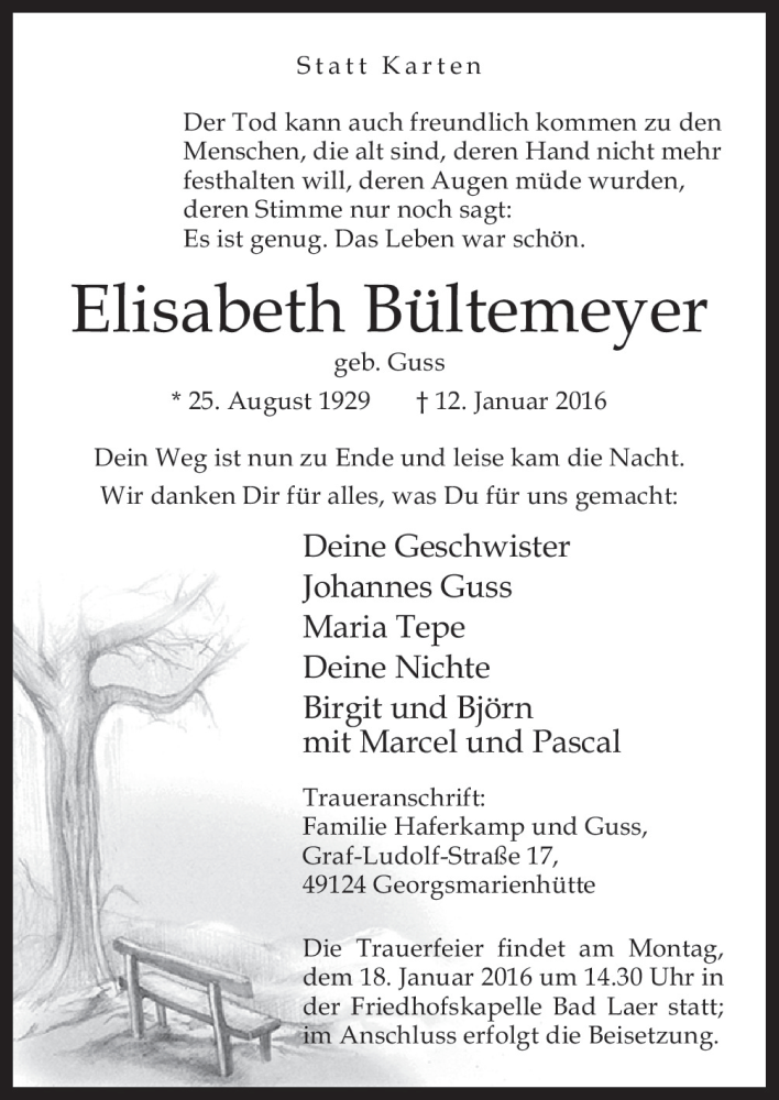  Traueranzeige für Elisabeth Bültemeyer vom 14.01.2016 aus Neue Osnabrücker Zeitung GmbH & Co. KG